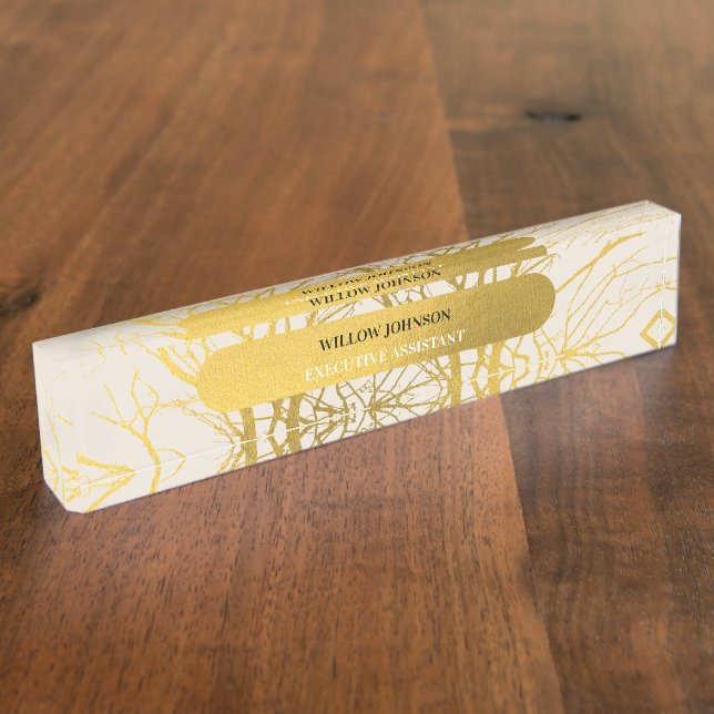 Placa De Nombre Fondo Beige del patrón de ramas de árbol de oro (Lateral)