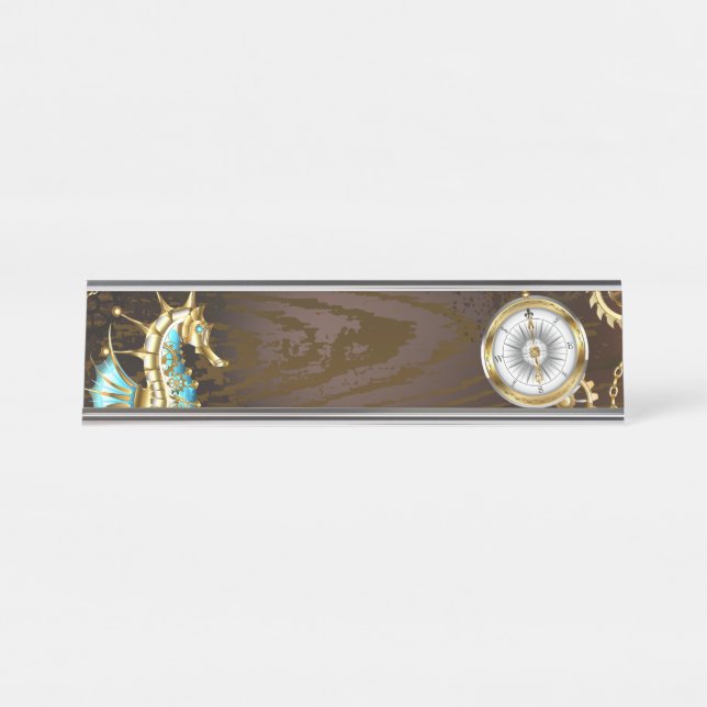 Placa De Nombre Fondo de madera con caballito de mar mecánico (Anverso)