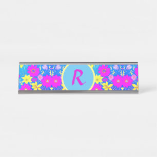Placa De Nombre Fondo del patrón de flor amarillo rosa azul añadir