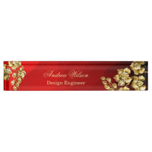 Placa De Nombre Fondo rojo con rosas de oro personalizados