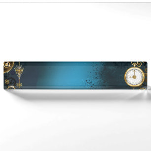 Placa De Nombre Fondo turquesa de vapor con engranajes