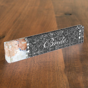 Placa De Nombre Foto: Boda Black Damask Bride Love Bird