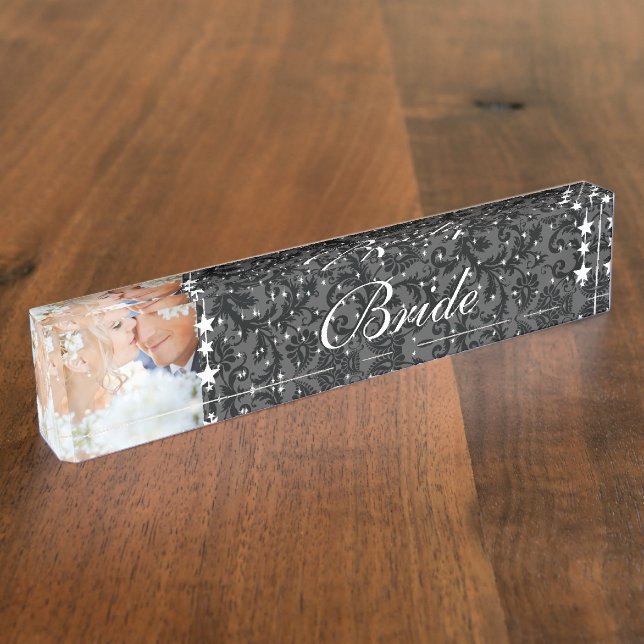 Placa De Nombre Foto: Boda Black Damask Bride Love Bird (Lateral)