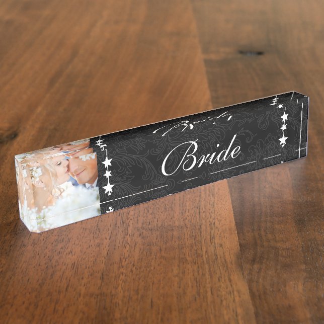 Placa De Nombre Foto: Boda Black Damask Bride Love Bird (Lateral)