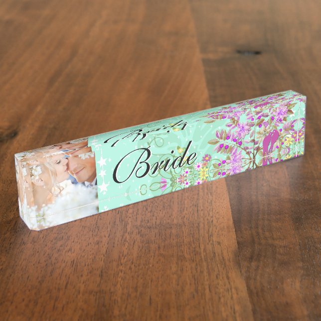 Placa De Nombre Foto de Mint Radiant Purple Bride Amor Boda de Ave (Lateral)
