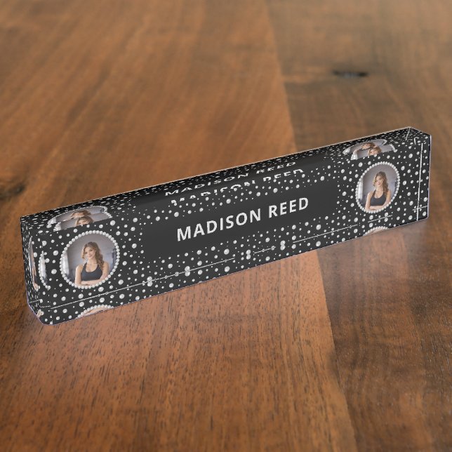 Placa De Nombre Foto personalizada con círculo de perlas sobre neg (Lateral)