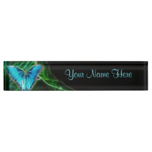 Placa De Nombre Fractal azul de la mariposa de Morpho