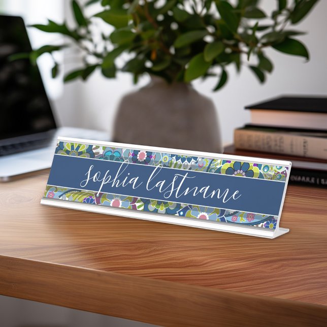 Placa De Nombre Funky Floral Pattern con firma manuscrita (Custom Nameplate - Add Name and Title for Executive Sign or customize in the design area)