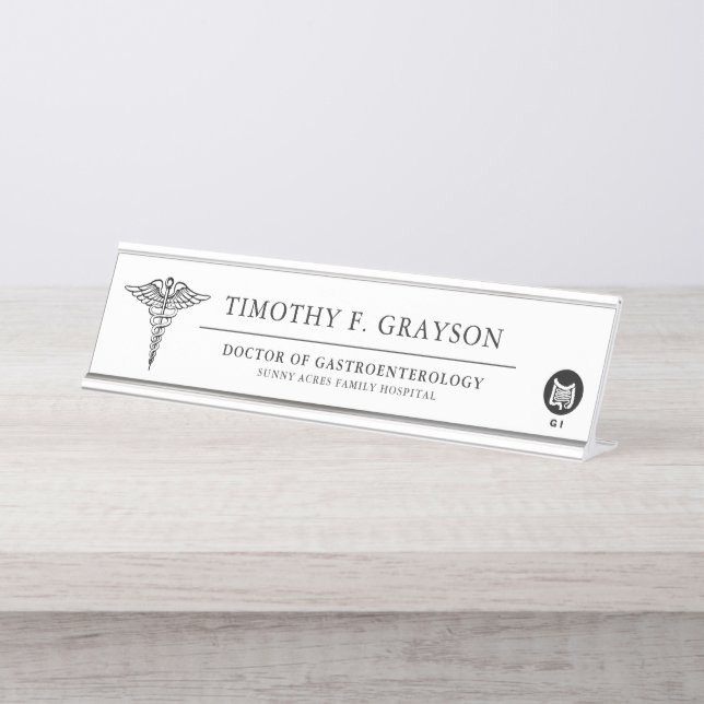 Placa De Nombre Gastroenterólogo negro personalizado (Anverso)