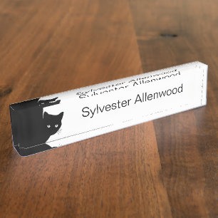 Placa De Nombre Gato negro astuto con nombre