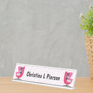 Placa De Nombre Gatos Atómicos Elegantes Silla Rosa Lunares Blanco