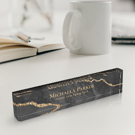 Placa De Nombre Geode elegante profesional negro y oro agate