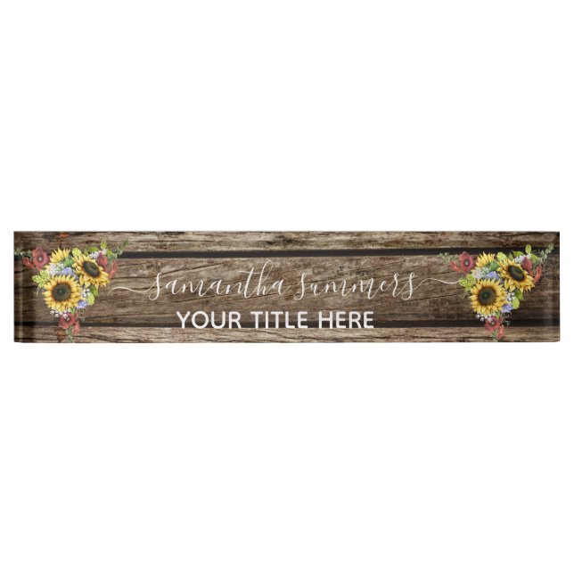 Placa De Nombre Girasol de Madera Caligrafía Rústica a Mano (Anverso)
