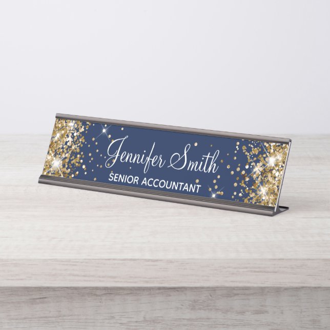 Placa De Nombre Girly Faux Gold Purpurina Midnight Blue (Anverso)