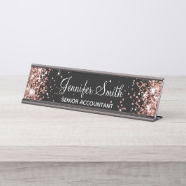 Placa De Nombre Girly Faux Rosa Gold Purpurina Black