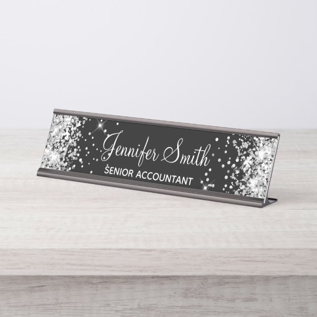 Placa De Nombre Girly Faux Silver Purpurina Black (Anverso)