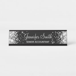 Placa De Nombre Girly Faux Silver Purpurina Black