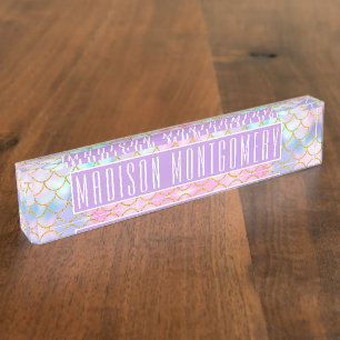 Placa De Nombre Girly Pastel Ombre Ombre Purpurina Sirena Nombre