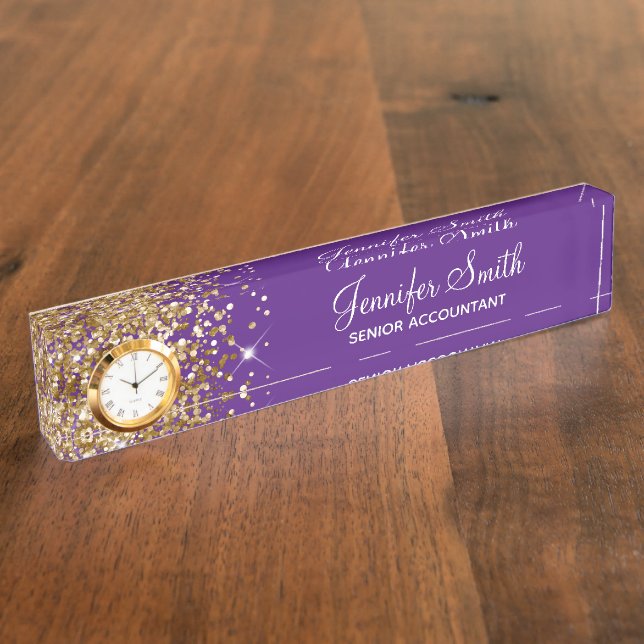 Placa De Nombre Girly Purpurinoso Gold Glam Royal Purple (Lateral)