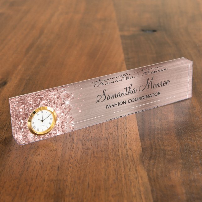 Placa De Nombre Girly Purpurinoso Rosa Gold Glam (Lateral)