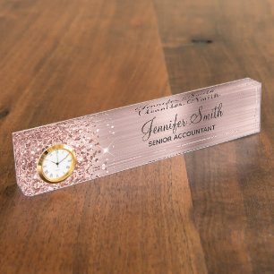 Placa De Nombre Girly Purpurinoso Rubor Rosa Gold Glam