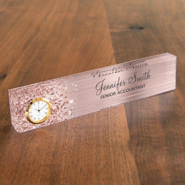 Placa De Nombre Girly Purpurinoso Rubor Rosa Gold Glam (Lateral)