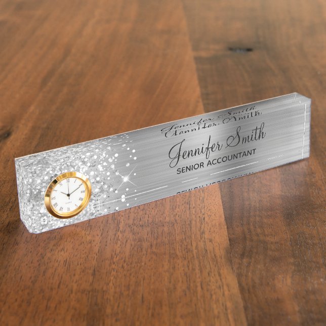 Placa De Nombre Girly Purpurinoso Silver Glam (Lateral)