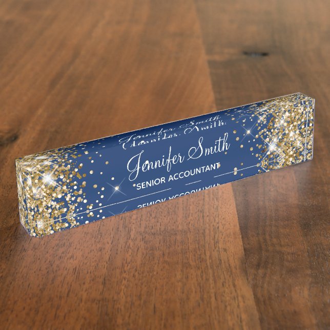 Placa De Nombre Girly Sparkly Gold Purpurina Marina Blue (Lateral)