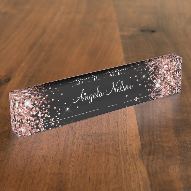 Placa De Nombre Girly Sparkly Rosa Purpurina de oro negro (Lateral)