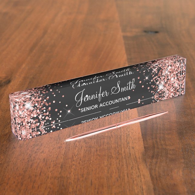 Placa De Nombre Girly Sparkly Rosa Purpurina de oro negro (Subido por el creador)