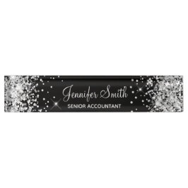 Placa De Nombre Girly Sparkly Silver Purpurina Black
