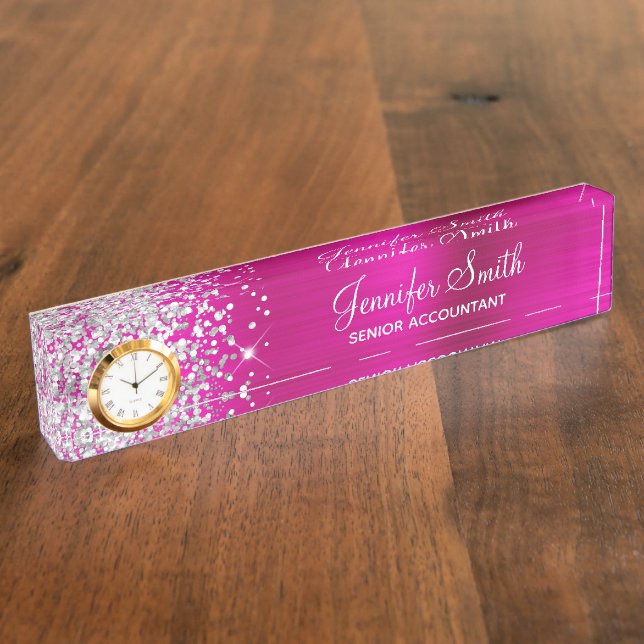 Placa De Nombre Glam rosado caliente de plata Purpurinoso Girona (Lateral)