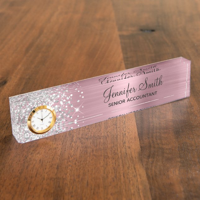 Placa De Nombre Glam rosado Girly Purpurinoso (Lateral)