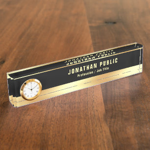 Placa De Nombre Glamour Black Gold Moderno Plantilla con reloj