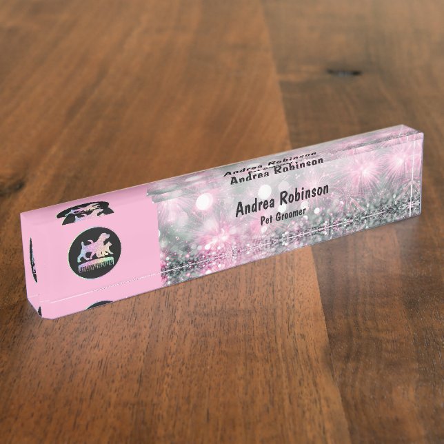 Placa De Nombre Glitzy Mascota Grooming Monograma Escritorio Nombr (Lateral)