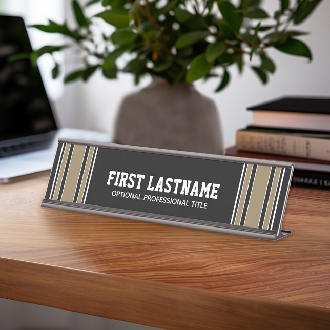 Placa De Nombre Gold Stripes Sports Jersey Name - Can EDIT Black (Personalized Sports Theme Desk Name Plate - Great Coach Appreciation Gift or Locker room Decor)