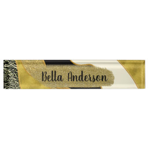 Placa De Nombre Golden Abstract Wave Moderno Gold Glam Trendy