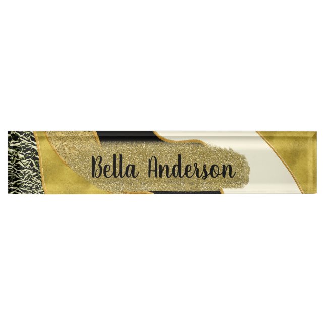Placa De Nombre Golden Abstract Wave Moderno Gold Glam Trendy (Anverso)