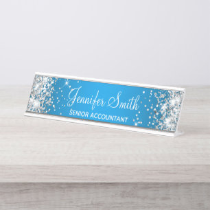 Placa De Nombre Gradiente de Azure Girly Silver Purpurina
