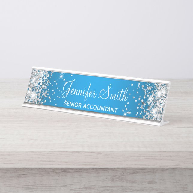Placa De Nombre Gradiente de Azure Girly Silver Purpurina (Anverso)