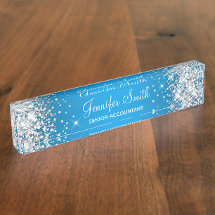 Placa De Nombre Gradiente de Azure Sparkly Silver Purpurina