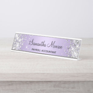 Placa De Nombre Gradiente de lavanda pálido con brillo plateado