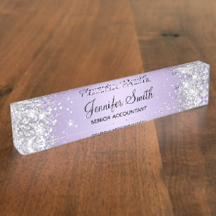 Placa De Nombre Gradiente de plata brillante y lavanda pálido