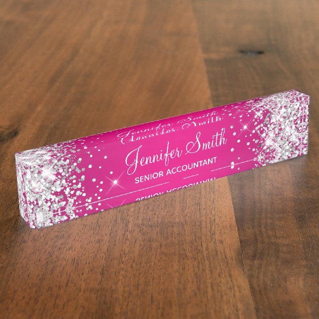 Placa De Nombre Gradiente Rosa Caliente Brillo Plateado Brillante (Lateral)