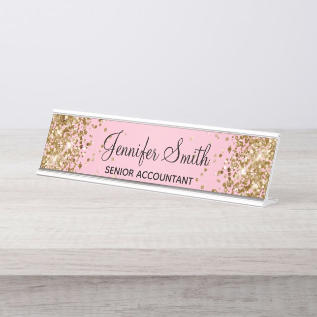 Placa De Nombre Gradiente Rosa Claro Brillo Dorado (Anverso)