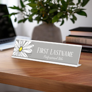 Placa De Nombre Gris y amarillo Whimsical Daisy Personalizado Text