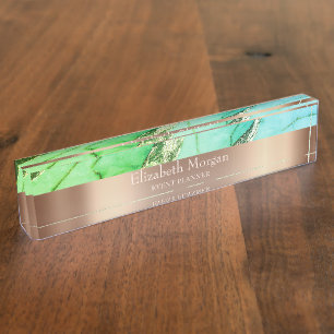 Placa De Nombre Guay Trendy Green Marble Rosa Gold