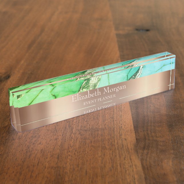Placa De Nombre Guay Trendy Green Marble Rosa Gold (Lateral)