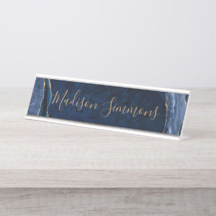 Placa De Nombre Guión femenino de Geode Blue Gold Agate