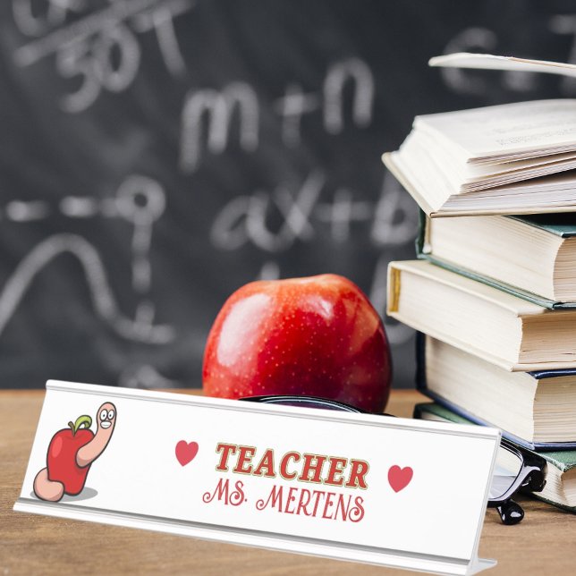 Placa De Nombre Gusano de agradecimiento del profesor en Apple Aña (Teacher Name Worm in Apple Appreciation Award Desk Name Plate)